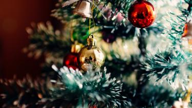 Red and gold ornaments on a Christmas tree